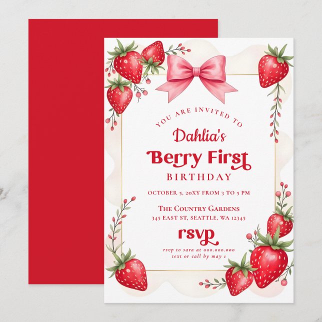 Pink Bow Strawberry Birthday Berry First Birthday Invitation (Front/Back)