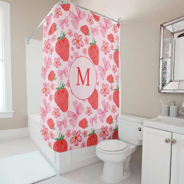 Pink Bow & Strawberry Monogram Shower Curtain (In Situ)