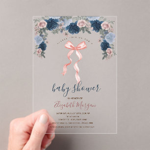 Pink Bow Stripes Flowers Baby Shower Acrylic Invitations