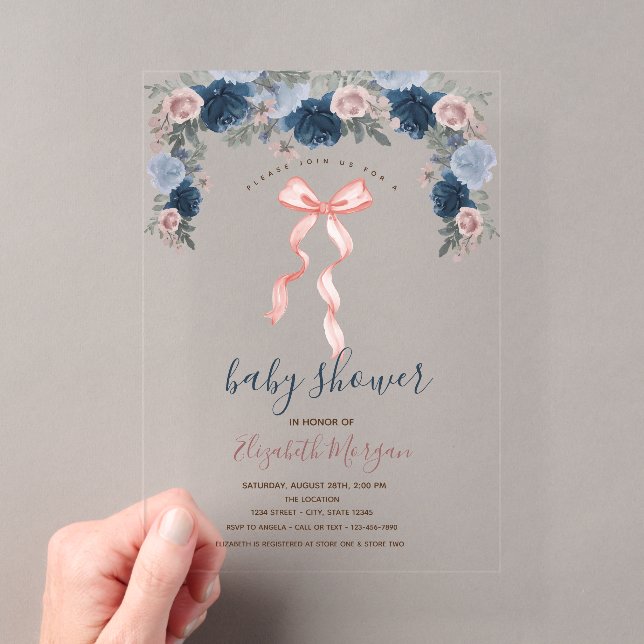 Pink Bow Stripes Flowers Baby Shower  Acrylic Invitations (Insitu (Handheld))