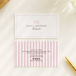 Pink Bow & Stripes, social media icons babysitter  Business Card