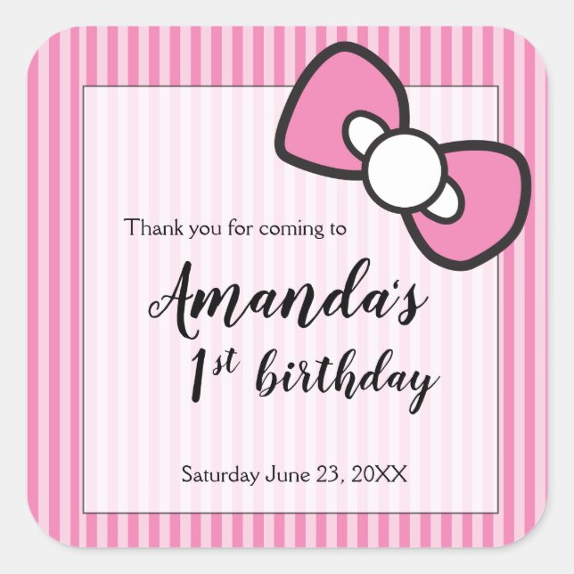 Pink Bow, Stripes, Thank you, First birthday Square Sticker (Front)