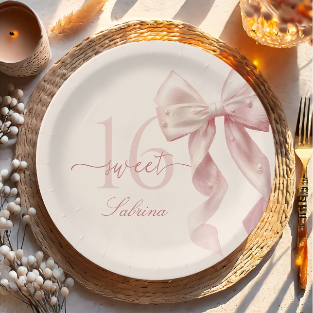 Pink Bow Sweet 16 Birthday Paper Plate (Creator Uploaded)