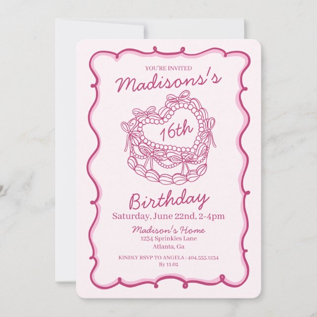 Pink Bow Sweet 16 Heart Coquette Cake Birthday Invitation (Front)