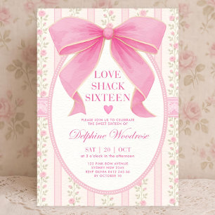 Pink Bow Sweet 16 Invitation: Vintage Floral Coque Invitation