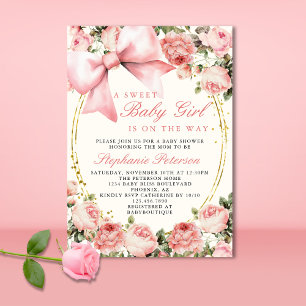 Pink Bow Sweet Baby Girl Is On The Way Baby Shower Invitation