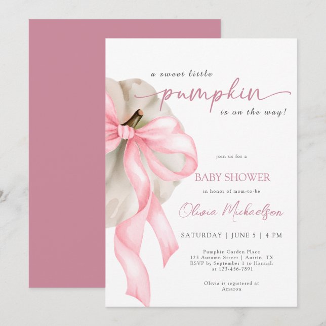 Pink Bow Sweet Little Pumpkin Coquette Baby Shower Invitation (Front/Back)