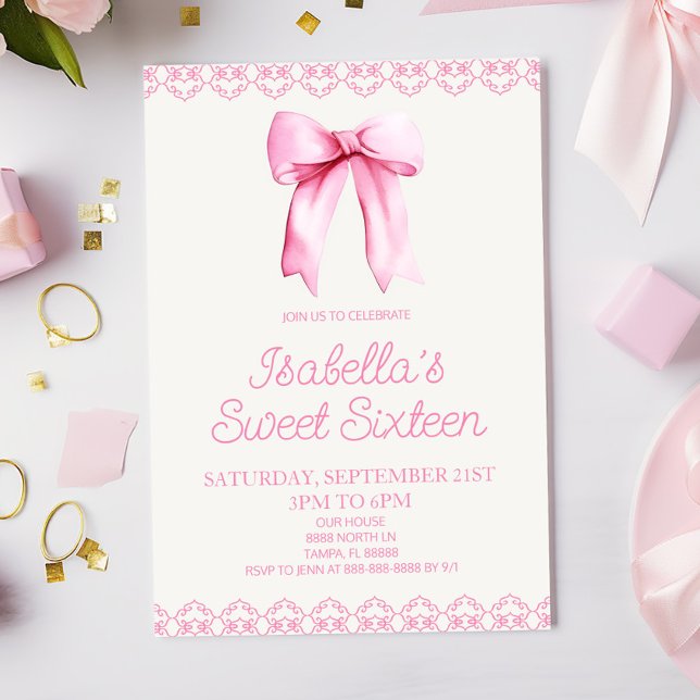 Pink Bow Sweet Sixteen 16th Birthday Party Invitation (Creator Uploaded)
