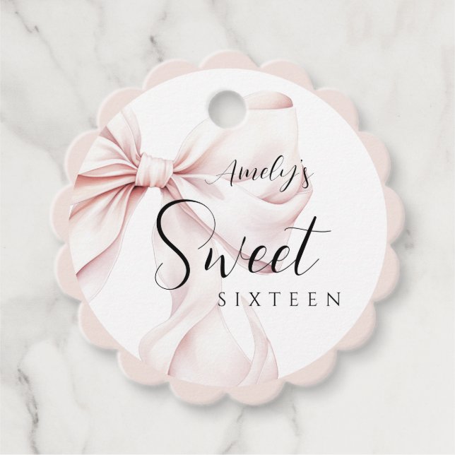 Pink Bow Sweet Sixteen Birthday Favour Tags (Front)