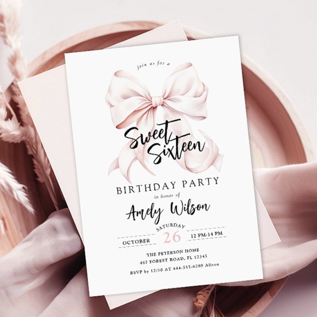Pink Bow Sweet Sixteen Birthday Invitation (Creator Uploaded)