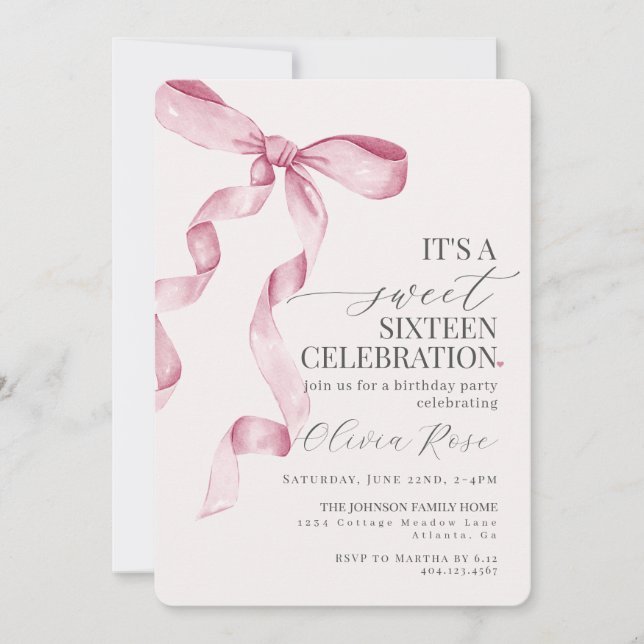Pink Bow Sweet Sixteen Birthday Party Invitation (Front)