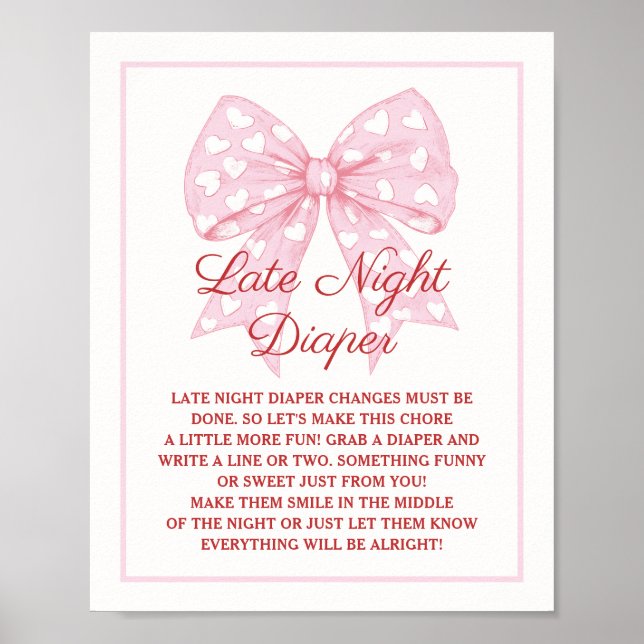 Pink Bow Sweetheart Baby Shower Late Night Diaper Poster (Front)