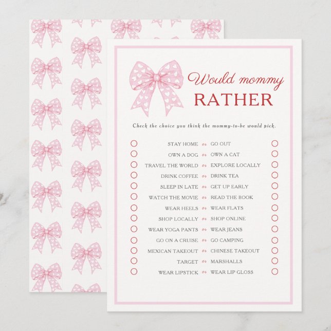Pink Bow Sweetheart Baby Would Mommy Rather Game Advice Card (Front/Back)