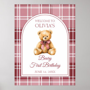Pink Bow Teddy Bear Birthday Welcome Sign