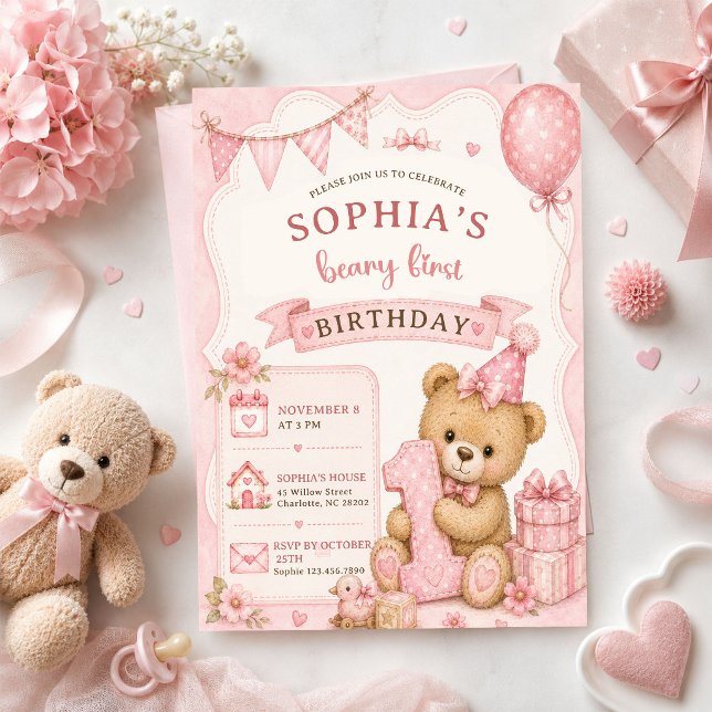 Pink Bow Teddy Bear Tartan Birthday  Invitation (Creator Uploaded)