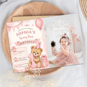 Pink Bow Teddy Bear Tartan Birthday Photo Invitation