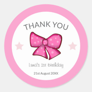 Pink Bow Thank You Girl Kids 1st Birthday  Classic Round Sticker