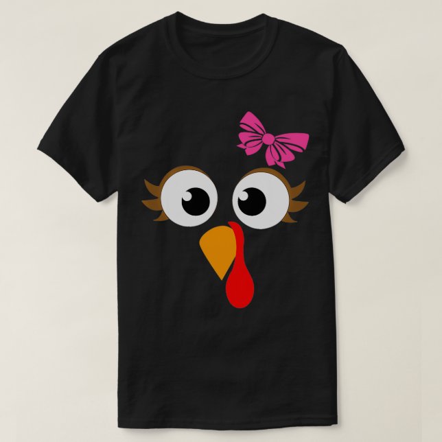 Pink Bow Thanksgiving Turkey Face Girl  T-Shirt (Design Front)