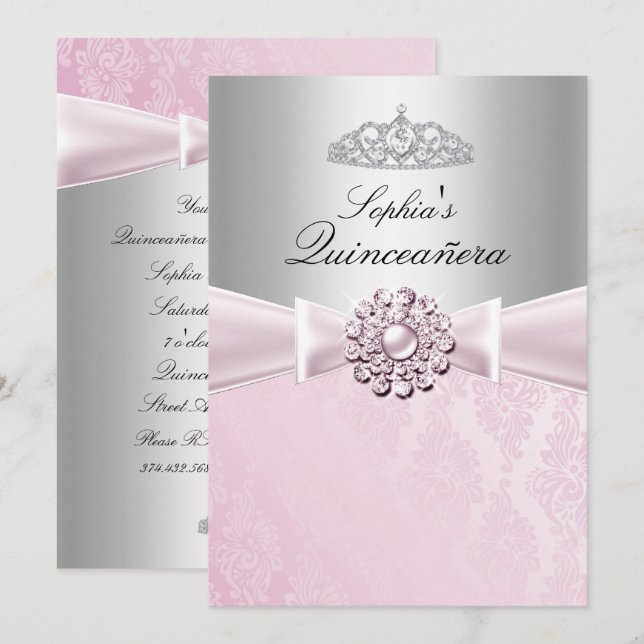 Pink Bow & Tiara Quinceanera Announcements (Front/Back)