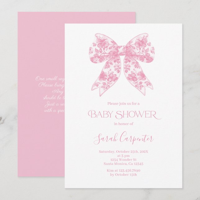 Pink Bow Toile Baby Shower Girl Invitation (Front/Back)