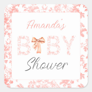 Pink Bow Toile de Jouy Floral Baby Shower Square Sticker