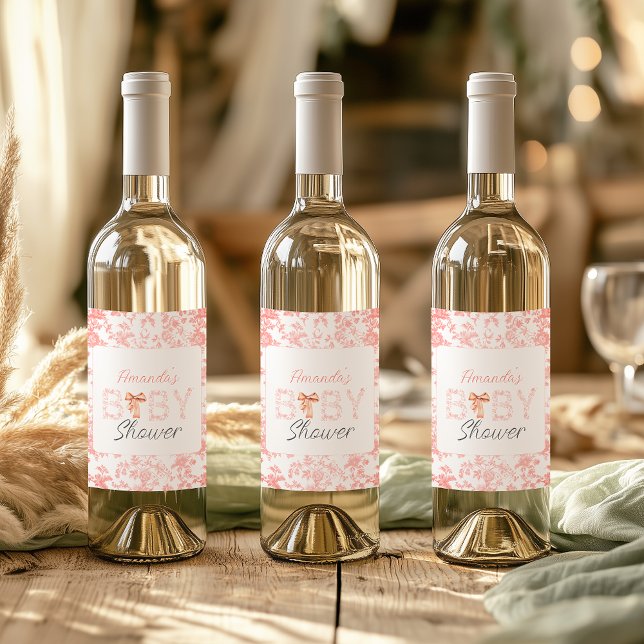 Pink Bow Toile de Jouy Floral Baby Shower  Wine Label (Creator Uploaded)