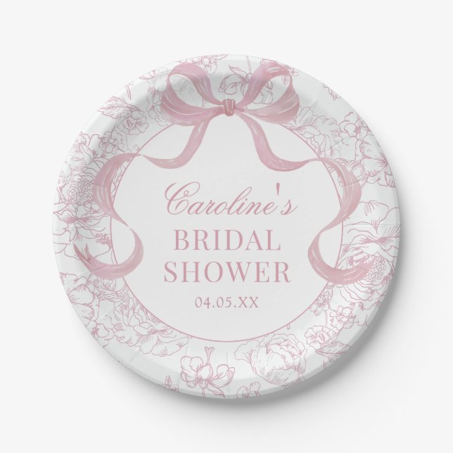 Pink Bow Toile Floral Bridal Shower Paper Plates (Front)