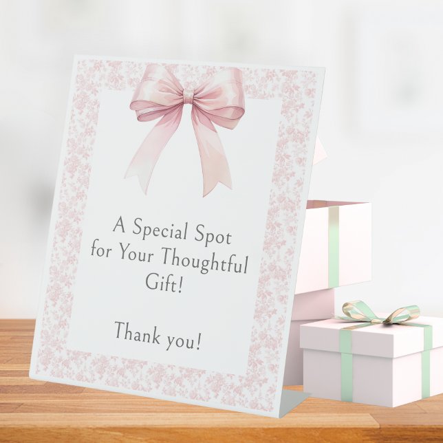 Pink Bow Toile Girl Baby Shower Gift Table Pedestal Sign (Pink Bow Toile Girl Baby Shower Gift Table Pedestal Sign)
