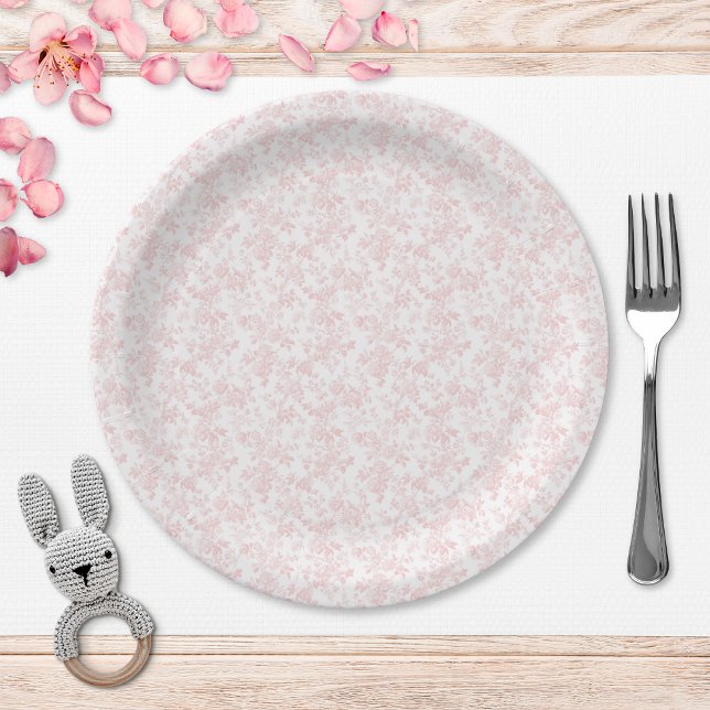 Pink Bow Toile Girl Baby Shower Paper Plates (Creator Uploaded)