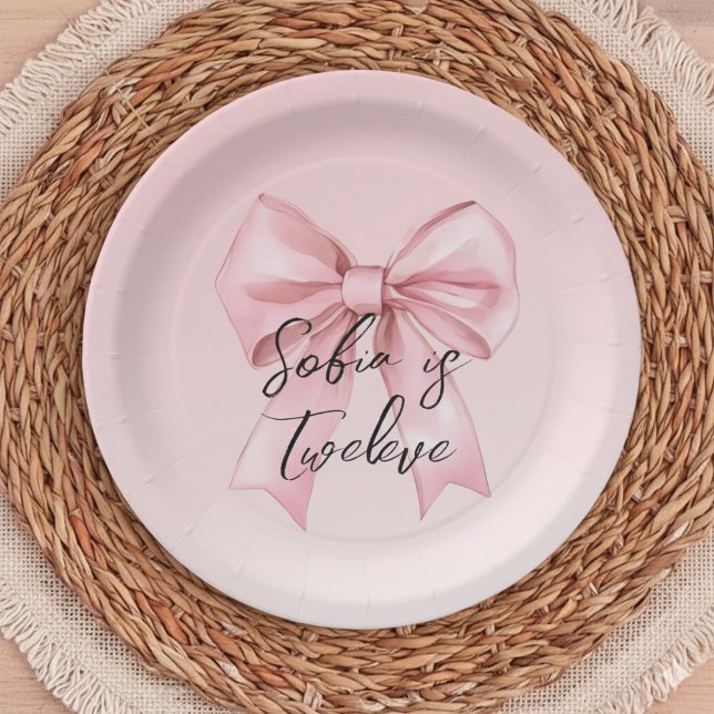 Pink Bow Twelve Birthday Paper Plate (Creator Uploaded)