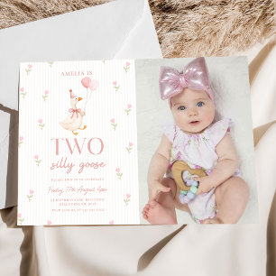 Pink Bow Two Silly Goose Balloons Birthday Photo Invitation