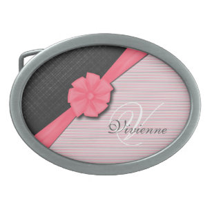 Pink Bow, Two Tone Grey & Pink Stripes Oval Belt Buckle