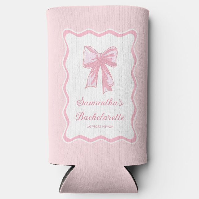 Pink Bow Tying the Knot Bachelorette Party Seltzer Can Cooler (Front)