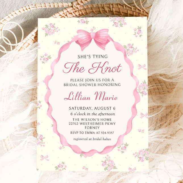 Pink Bow Tying the Knot Bridal Shower Invitation (Creator Uploaded)