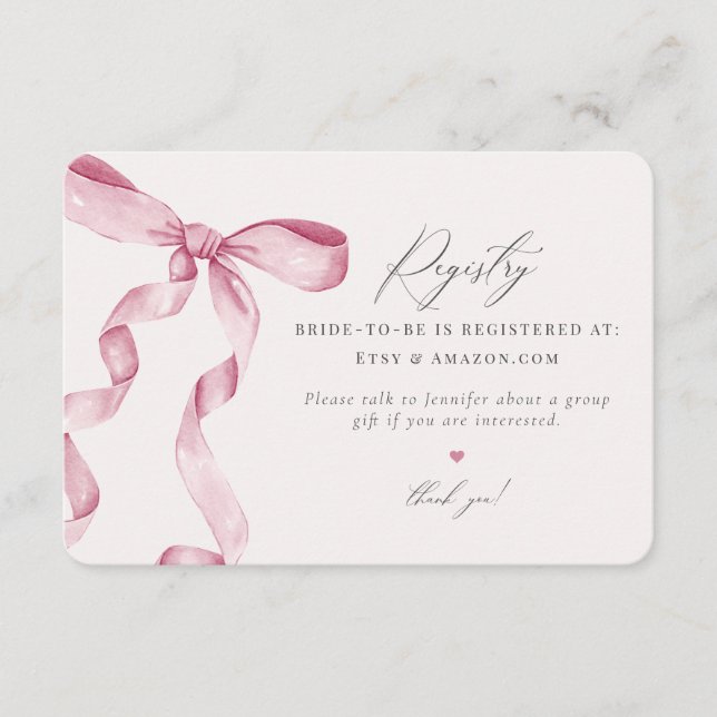 Pink Bow Tying the Knot Registry invitation insert (Front)