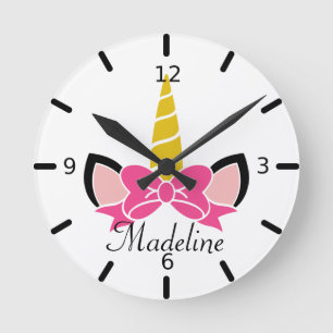 Pink Bow Unicorn Round Clock