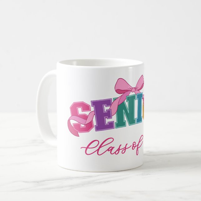 Pink Bow Varsity Letter Senior Class of Year Coffee Mug (Front Left)