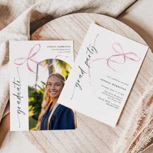 Pink Bow Vertical Script Graduation Invitation