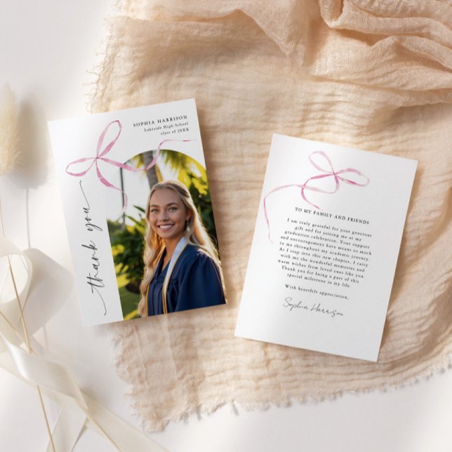 Pink Bow Vertical Script Graduation Thank You Card (Creator Uploaded)
