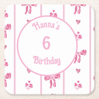 Pink Bow Vertical Stripe - preppy coquette  Square Paper Coaster