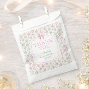 Pink Bow Vintage Flowers Baby Shower Thank You Favour Bag