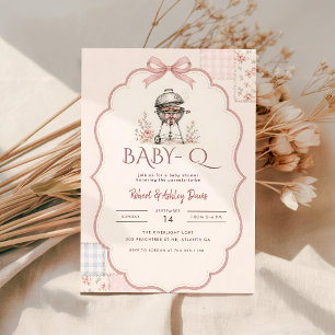 Pink Bow Watercolor Baby Q BBQ Baby Shower Invitation