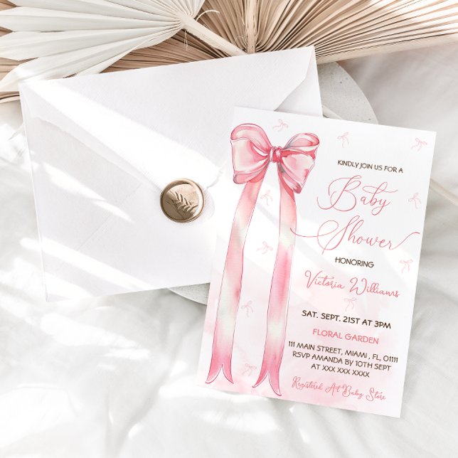 Pink Bow Watercolor Girl Baby Shower Invitation (Creator Uploaded)