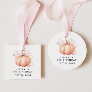 Pink Bow Watercolor Pumpkin Birthday Favour Tags