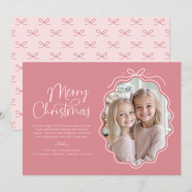 Pink Bow Wavy Photo Christmas Holiday Card (Front/Back)