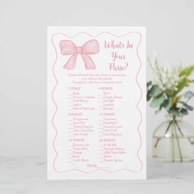 Pink Bow What's In Your Purse Baby Shower Game (Standing Front)