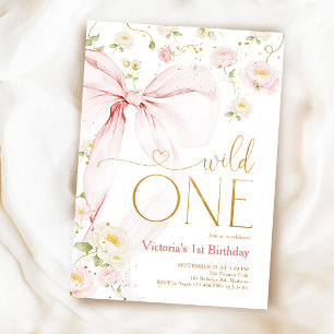Pink Bow Wild One Girls 1st Birthday Invitation