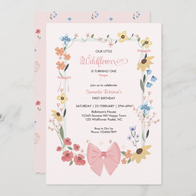 Pink Bow Wildflower 1st Birthday  Invitation (Front/Back)
