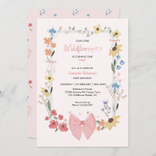 Pink Bow Wildflower 1st Birthday  Invitation