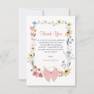 Pink Bow Wildflower 1st Birthday  Thank You Card